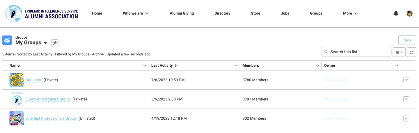 Groups directory page with sorting, filters and membership stats