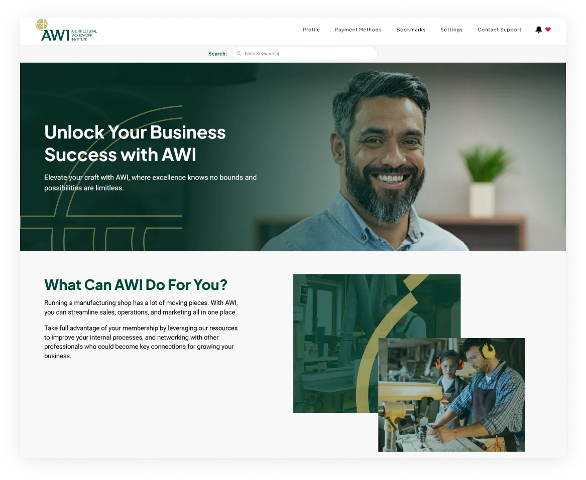AWI member portal homepage mockup