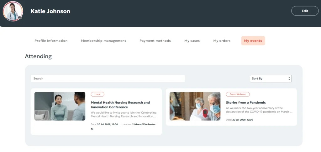 The My Events tab on the member portal shows the list of events the member is going to attend.