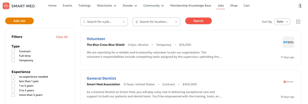 The Jobs page on the member portal displays available volunteer and job opportunities.