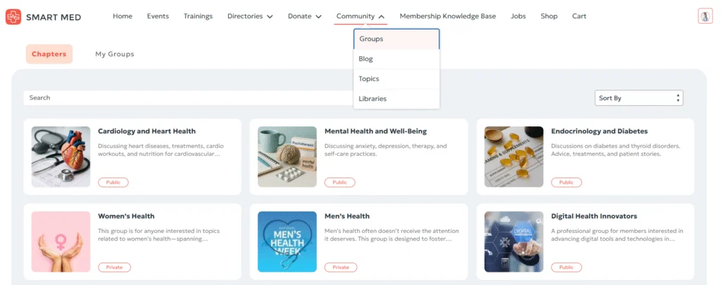 Community Groups are listed on the Groups page on the member portal.