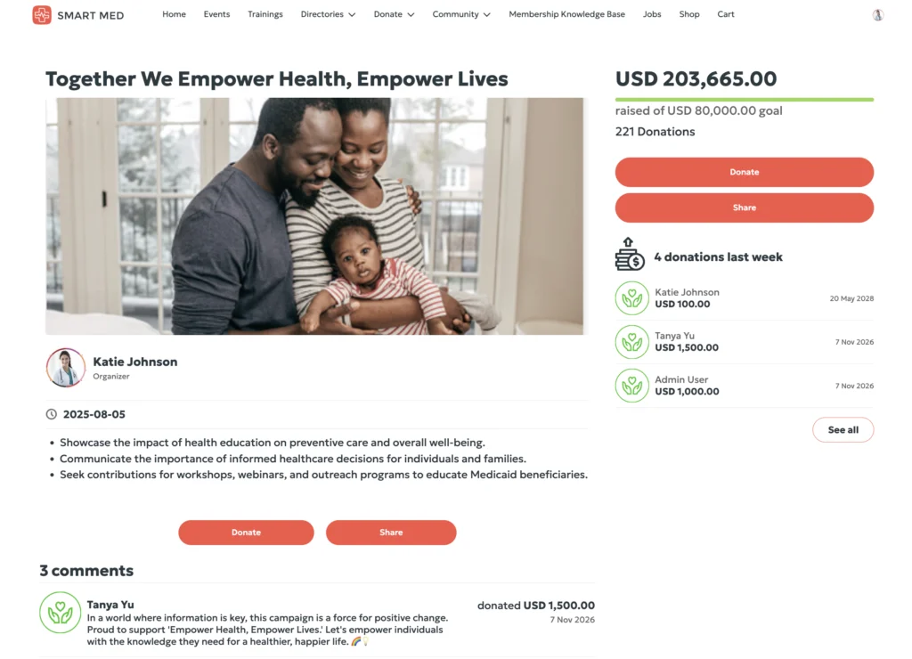 Fundraising campaign detail page in AC MemberSmart