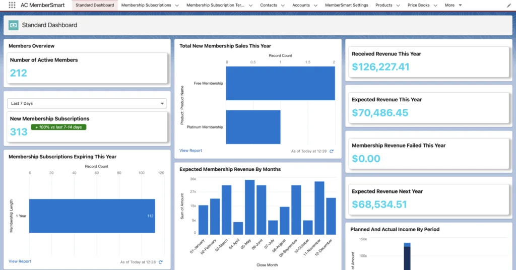 Dashboard showing member activity inside Salesforce