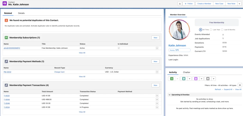 Salesforce-native AMS member record displaying membership status, event registrations, payments, and donation history in a single view.