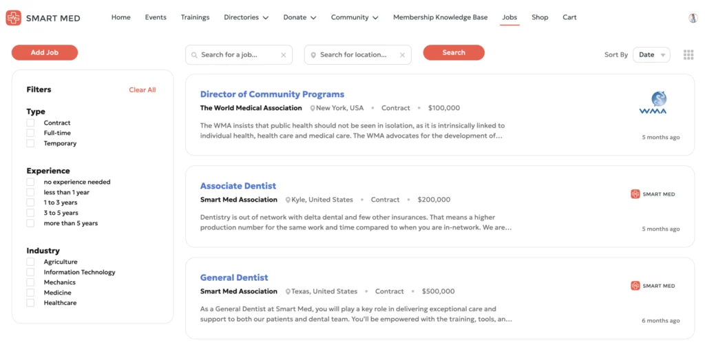 Portal page with jobs posted to the community